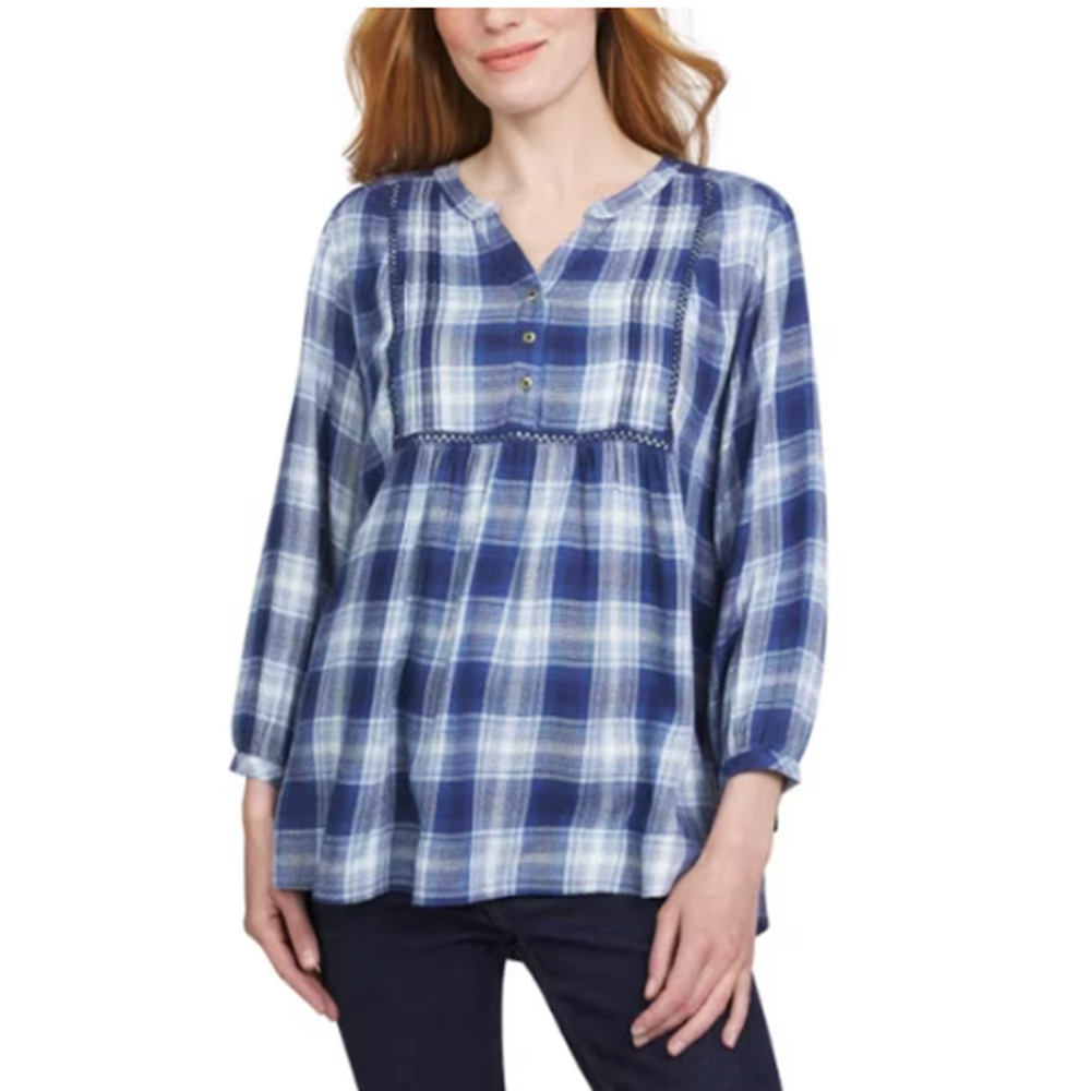 Wrangler Women's Blue | XLarge Plaid Blouse Babydoll Western V neck